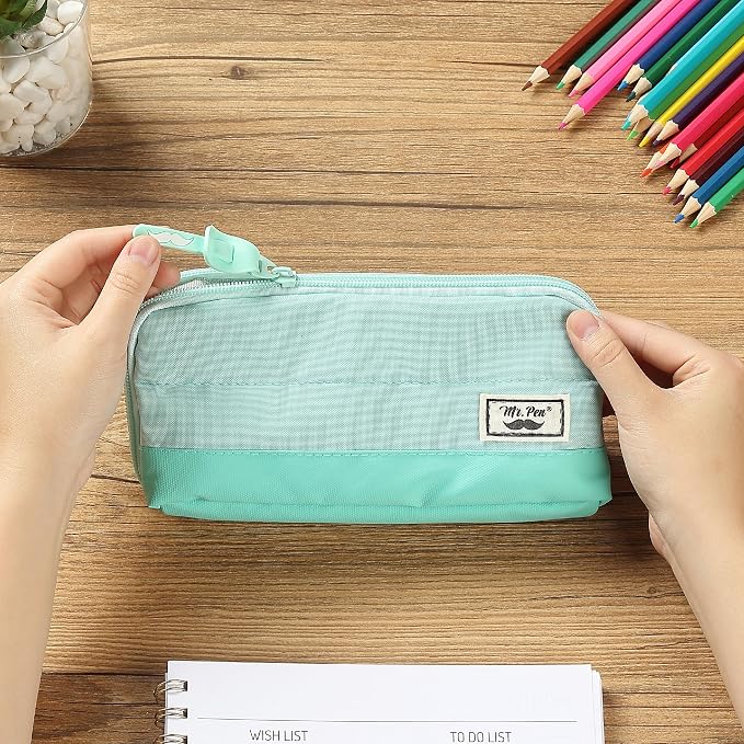 Mr. Pen- Wide-Opening Pencil Case, Triangle Design | Compact & Spacious Pencil Cases with 5 Mesh Pockets, Bag Pouch, Box Organizer for Students, School Supplies, Aesthetic Supply