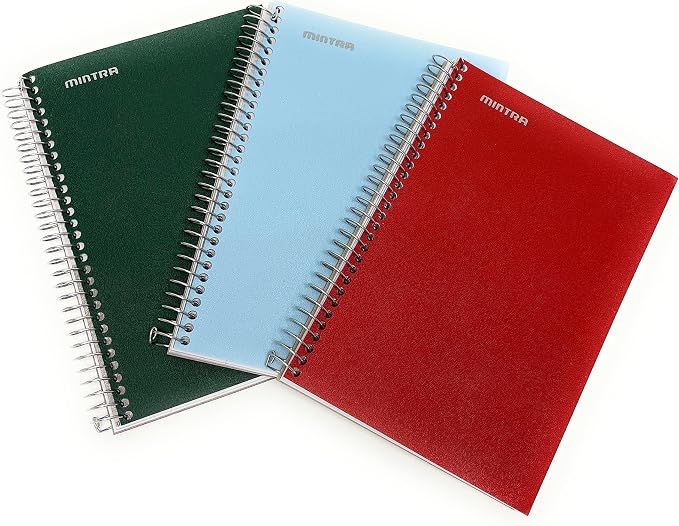 Mintra Office Durable Spiral Notebook - 2 Subject (Junior Size 3pk (6.5in x 9.5in), Green Olive, Arctic Ice, Chili Oil)