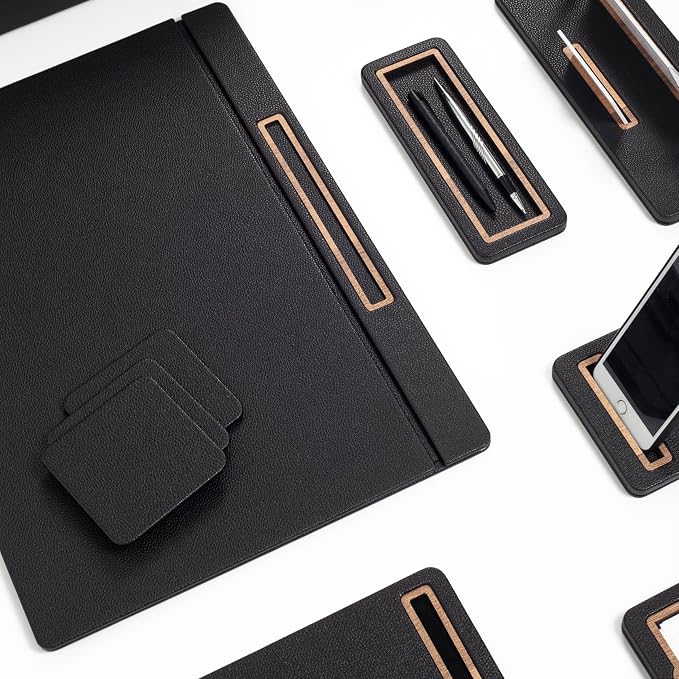 Capella 12-Piece Luxury Leather Desk Organizer Set, Black | Executive Office Accessories, Triple Document Tray, Covered Desk Pad, Personalized Nameplate
