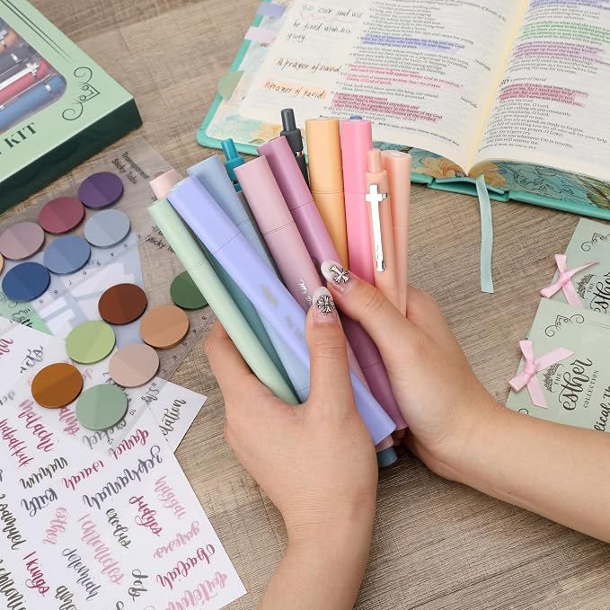 Esther Bible Journaling Kit, Loaded Bible journaling Supplies, Highlighters, Pens, Vellum Bible Tabs, Sticky Notes, Sticker Sheets, Fineliner, Paperclips & Bible Study Guide