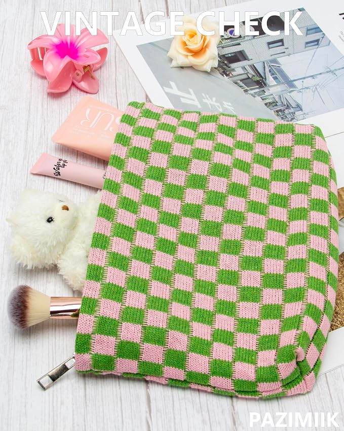 Checkered Makeup Bag for Purse, Small Flat Cosmetic Pouch,Pink Green | Cute Zipper Makeup Organizer for Women, Travel Essentials, Toiletries, Makeup Brushes, Beauty Accessories&Bridesmaid Gifts
