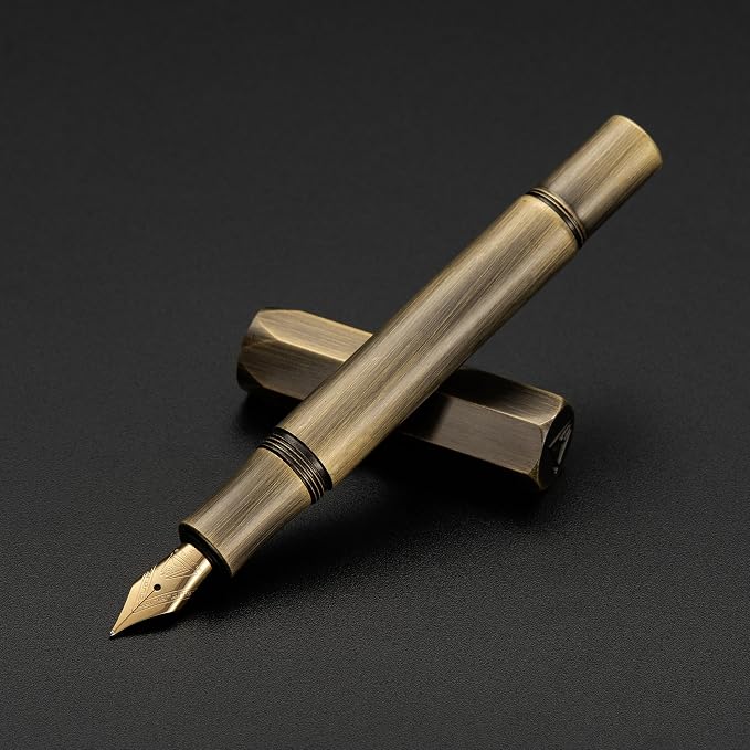 Luxury Solid Brass Fountain Pen Set for Writing & Calligraphy - Choose Antique or Matte Black Finish. Includes 10 Ink Cartridges & Premium Gift Box (Fine Nib, Antique Brass)
