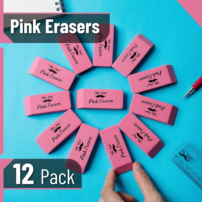 Mr. Pen- Pink Pencil Eraser, 12 Pack | Large Latex Free Block Erasers for School, Office, Art Sketching, Homework, Exams, Clean Smudge-Free Correction