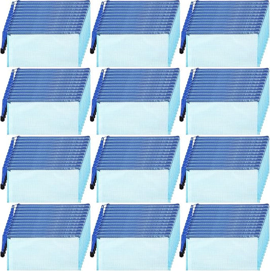 Handepo 100 Pack Mesh Zipper Pouch Pencil Pouches Bulk Clear Storage Bag Small Waterproof Purse Bag Multipurpose for Cash Board Game Passport Office(A6/9.45x4.53in,Blue)