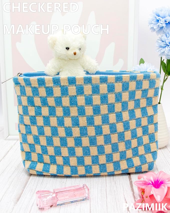 Checkered Makeup Bag for Purse, Small Flat Cosmetic Pouch,Blue Beige | Cute Zipper Makeup Organizer for Women, Travel Essentials, Toiletries, Makeup Brushes, Beauty Accessories&Bridesmaid Gifts