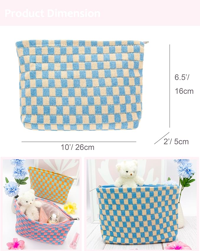 Checkered Makeup Bag for Purse, Small Flat Cosmetic Pouch,Blue Beige | Cute Zipper Makeup Organizer for Women, Travel Essentials, Toiletries, Makeup Brushes, Beauty Accessories&Bridesmaid Gifts