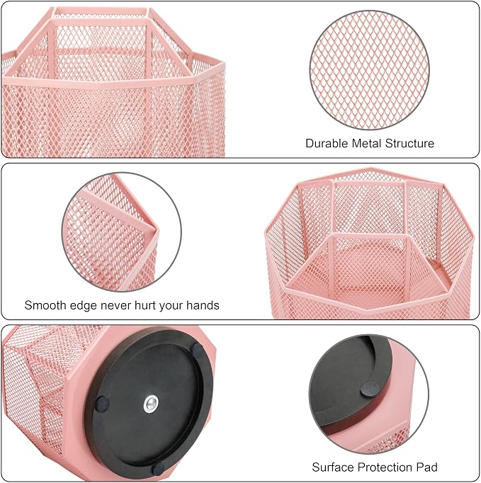 Exerz Desk Organizer 360 Rotating Pen Holder Storage Caddy Light Pink | Smooth Spinning Base with Open Mesh Sections Easy Access to Pens Brushes Scissors Daily Desk Tools