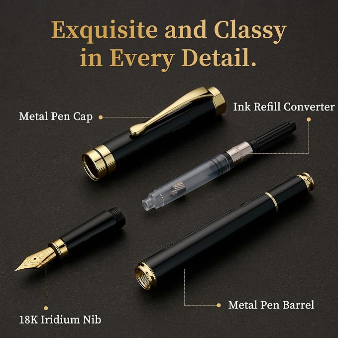 MCNTEIK Fountain Pen-Luxury Black and Gold Finish, 18K Gilded Nib(Medium), Smooth Ink Flow, Complete Set with 4 Black Ink Cartridges, Converter & Gift Box-Perfect Weight, Ideal for Office, Journaling