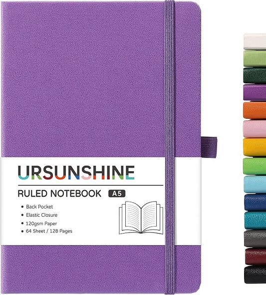 Ruled Notebook/Journal - Classic Lined Journal/Notebook, 5.3'' x 8.26'', Hardcover with Thick Paper, Banded + Pen Holder +Inner Pocket - Purple