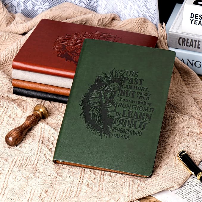 MINICAGIE Leather Journal for Men Soft Cover 256 Pages Lined Journals for Writing A5 Lion Journaling Notebooks Vintage Inspirational Diary, 5.7" x 8.3", Green