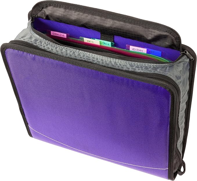 Case-it Mighty Zip Tab School Zipper Binder | 3-Inch O-Rings, 600-Sheet Capacity, 5-Subject Expanding File Folder, Multiple Pockets & Storage Organizer, Shoulder Strap | D-146 Purple Haze