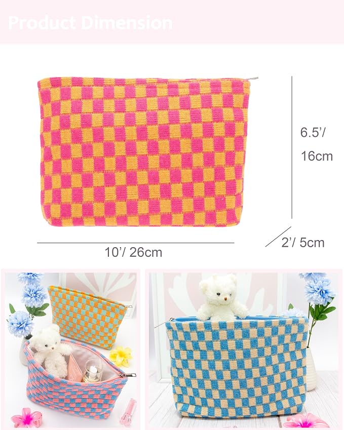 Checkered Makeup Bag for Purse, Small Flat Cosmetic Pouch,Red Orange | Cute Zipper Makeup Organizer for Women, Travel Essentials, Toiletries, Makeup Brushes, Beauty Accessories&Bridesmaid Gifts