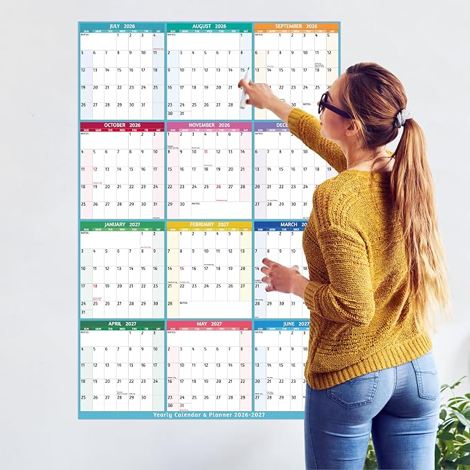 2026-2027 Dry Erase Calendar – Large Yearly Wall calendar, 38.2'' x 25.2'', 2-Side Reversible Calendar 2026-2027, Vertical/Horizontal, Jul 2026 – Jun 2027, Wall Calendar with Notes, Stickers – Multi