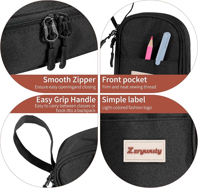 Zzrywuty Pen Case with Zipper Pencil Pouch for Office Travel Portable Large Pencil Case Pouch for Teen Girls & Boys,Black