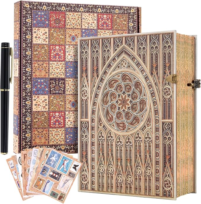 Retro 3D Hot Stamping Gothic Dome Patterned Cover Notebook,Contains 96 Sheets/192 Blank Lines Lined Journal,With Envelope Pocket Journal,Suitable As A Notebook,Travel Diary,Wedding Anniversary.