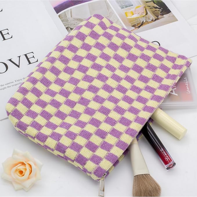 PAZIMIIK Checkered Makeup Bag for Purse, Small Flat Cosmetic Pouch,Purple | Cute Zipper Makeup Organizer for Women, Travel Essentials, Toiletries, Makeup Brushes, Beauty Accessories&Bridesmaid Gifts