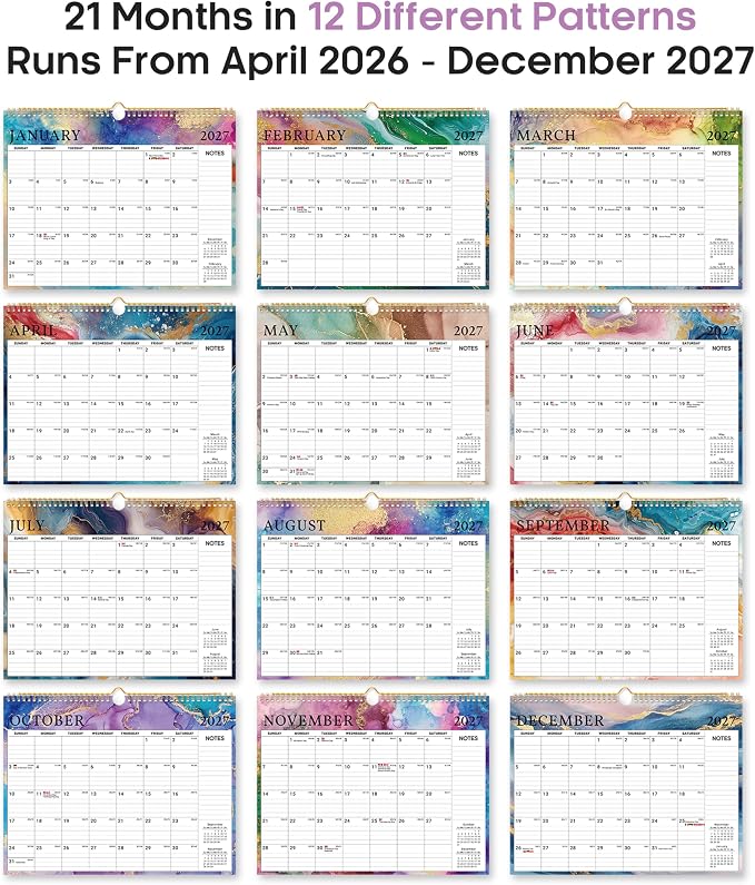 Calendar 2026-2027, 21-Month Wall Calendar Runs from Apr 2026 to Dec 2027,11.5" x 14.7",Large Monthly Calendar with Twin-Wire Binding, Perfect for Home or Office - Gilded Elegance