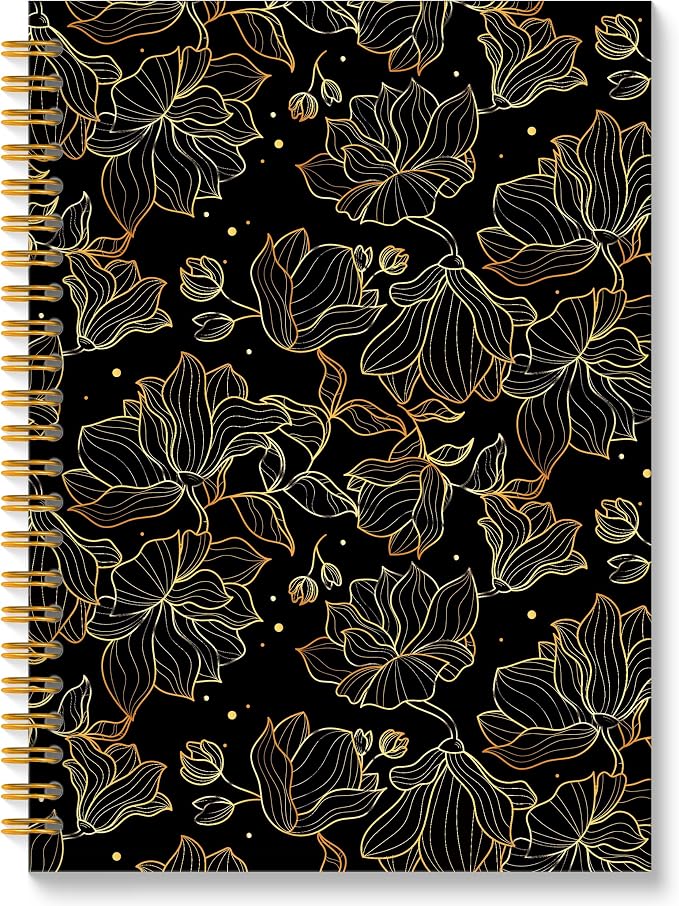 Black and Gold Floral Spiral Notebook, Abstract Modern Luxury Flower Journal for Women, Elegant Vintage Botanical Linear Floral Hardcover Notebook Journal, 5.5x8.3 Inch