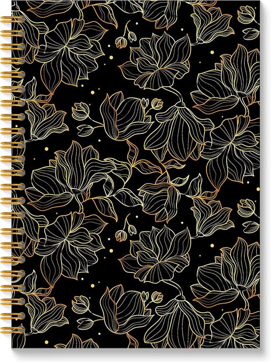 Black and Gold Floral Spiral Notebook, Abstract Modern Luxury Flower Journal for Women, Elegant Vintage Botanical Linear Floral Hardcover Notebook Journal, 5.5x8.3 Inch