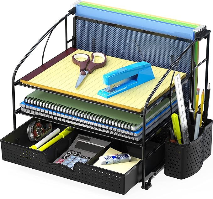 Simple Houseware 3-Tier Desk Organizer with Sliding Drawer, Black | Hanging File Holder and Pen Holder Accessory