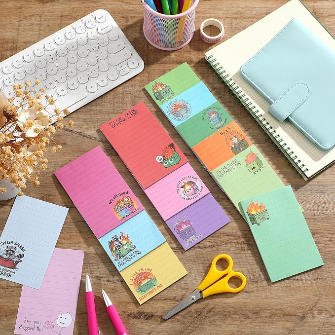 12 Pack Funny Notepads, 5x3 Inches Sarcastic Note Pads Memo Fun Office Gifts for Coworkers Work Women Men Employee Teacher Boss Desk Accessories Gifts(Dumpster Fire,Multicolor)