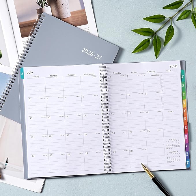 Planner 2026-2027 – 2026-2027 Planner Weekly and Monthly, 9" x 11", Large, July 2026 – June 2027, 12 Monthly Tabs, Strong Twin-Wire Binding, Inner Pocket, Hardcover, Grey