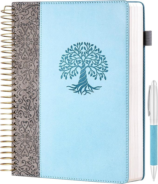 Spiral Notebook Wide Ruled Leather Journal for Women, 300 Pages, 7X10,Blue | Large Notebooks for School Office, Note Taking Notebooks for Writing Lined Notebook with Tabs Pockets Pen Holder