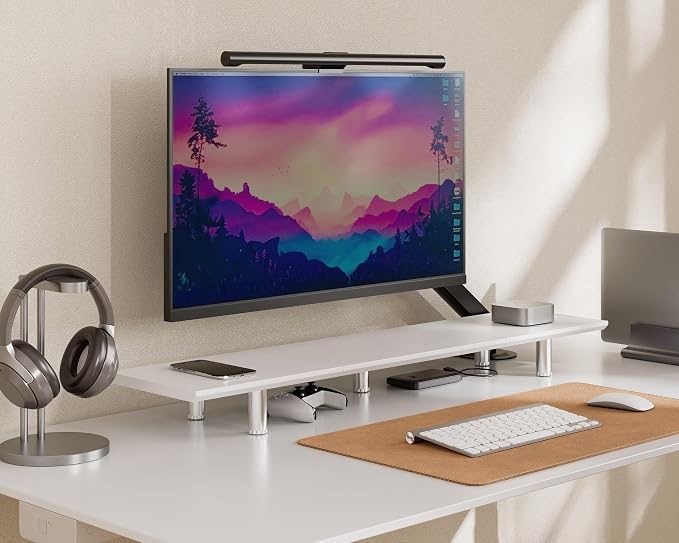 Fenge 39.4” Dual Monitor Stand with Height Adjustable Legs, White | Wooden & Steel, Ergonomic Height 3.6" to 4.4", Underneath Storage, Holds up to 99lbs, Laptop Monitor Stand for Home Office