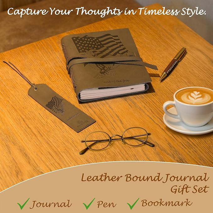 Sovereign-Gear - USA Flag Leather Journal Gift Set - Embossed Buffalo Leather Notebook with Pen & Bookmark - Patriotic Writing Journal for Men & Women - Gift for Veterans, Military, First Responders