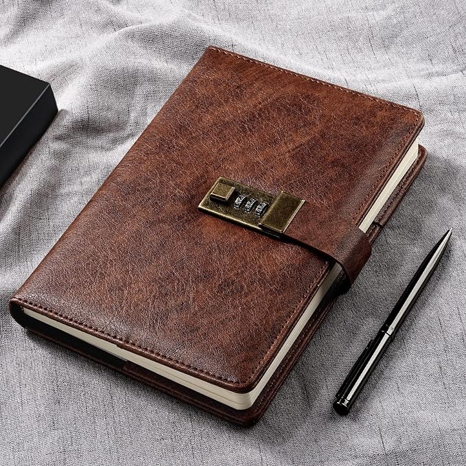 WEMATE Diary with Lock, A5 PU Leather Journal with Lock 240 Pages Brown | Vintage Lock Journal Password Notebook with Pen & Gift Box, Lock Diary Planner Organizer for Men and Women, 8.6x5.8in
