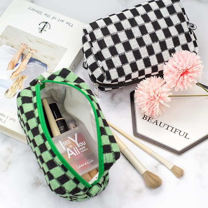 PAZIMIIK Checkered Makeup Bag for Purse Portable Zipper Make Up Pouch Small Cosmetic Case for Travel Accessories (Green Black) | Cute Zipper Makeup Organizer for Women, Travel Essentials, Toiletries, Makeup Brushes, Beauty Accessories&Bridesmaid Gifts