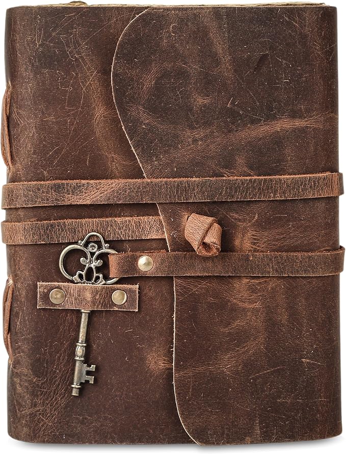Leather Journal with Deckle Edge Paper 8x6 inch and Vintage Key | Handmade Writing Notebook Diary | Bound Daily Notepad for Men & Women Medium, Sketch/Writing pad for Artists