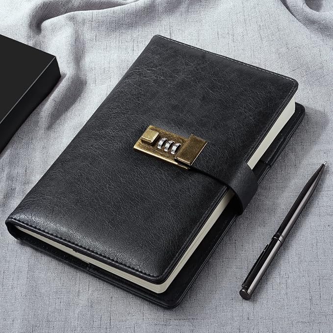 WEMATE Diary with Lock, A5 PU Leather Journal with Lock 240 Pages Black | Vintage Lock Journal Password Notebook with Pen & Gift Box, Lock Diary Planner Organizer for Men and Women, 8.6x5.8in
