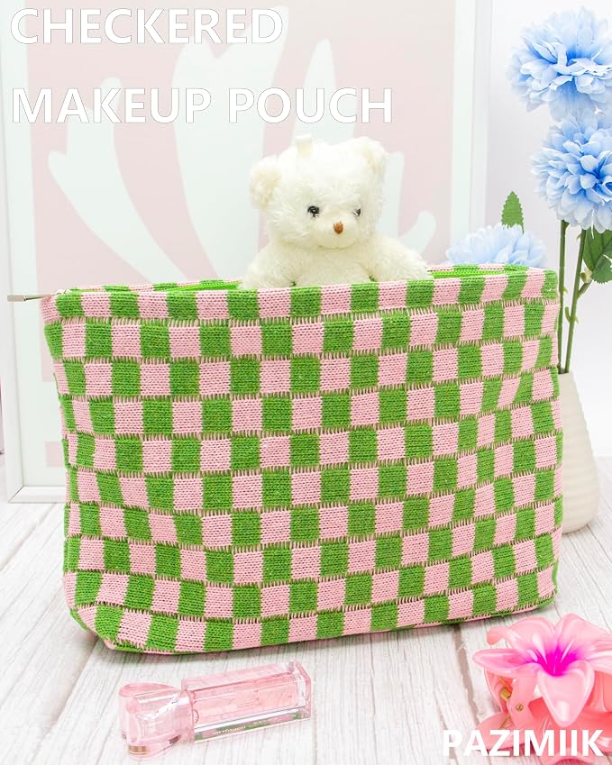 Checkered Makeup Bag for Purse, Small Flat Cosmetic Pouch,Pink Green | Cute Zipper Makeup Organizer for Women, Travel Essentials, Toiletries, Makeup Brushes, Beauty Accessories&Bridesmaid Gifts