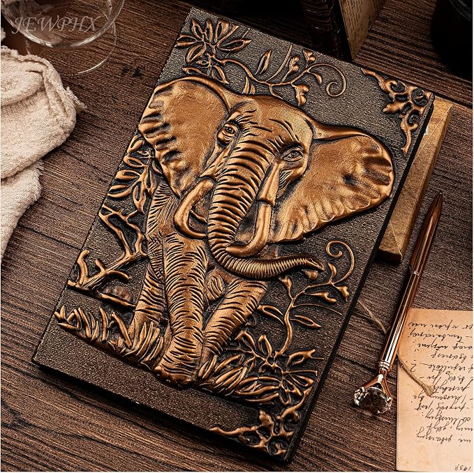 3D Elephant Vintage Leather Journal Writing Notebook with Pen Set,Antique Handmade Leather Daily Notepad Sketchbook,Travel Diary&Notebooks to Write in,Elephant Journal Gift for Men Women