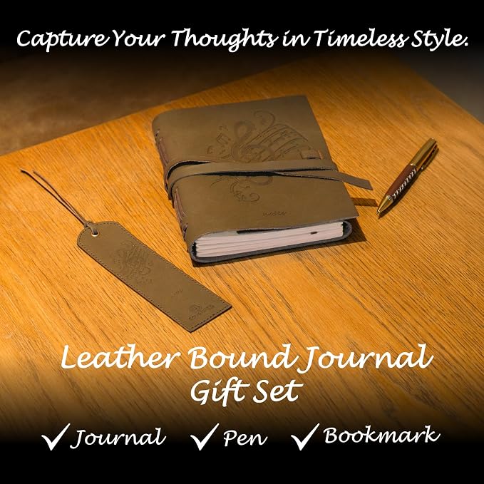 Sovereign-Gear Leather Journal Gift Set – Embossed Music Notes Design - Handmade Buffalo Leather Notebook with Pen & Bookmark - Vintage 8x6” Unlined Writing Journal for Men & Women in Premium Gift Box