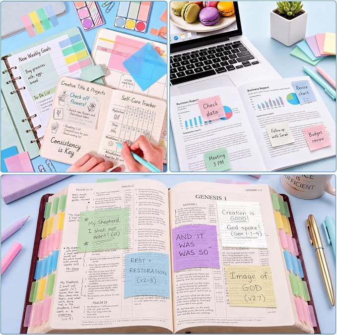 Eaasty 800 Sheets Transparent Sticky Notes 15 Pads Pastel Clear Bible Sticky Notes with Lined with 2 Pens Colorful Waterproof Translucent Pet Tabs for Bible Study Books Annotation School Office