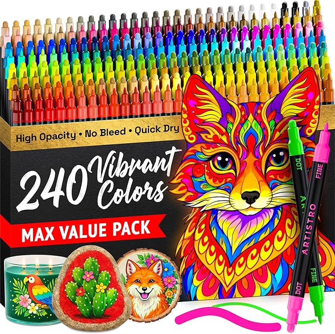 ARTISTRO 240 Precision Dual-Tip Acrylic Paint Markers – Paint Pens Set with Dot & Fine Tips for Fabric, Rock, Glass, Wood, Coloring Books – Arts & Crafts Gift – Classroom Must Haves & School Supplies