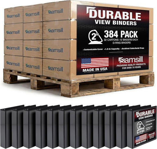 Samsill Durable 2 inch 3 Ring Binder, D Ring Binder, 100% Recycled Chipboard, Black, Pallet of 384 Binders in 32 Cartons