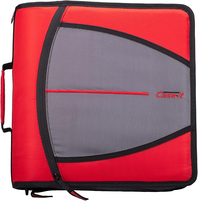 Case-it Mighty Zip Tab School Zipper Binder | 3-Inch O-Rings, 600-Sheet Capacity, 5-Subject Expanding File Folder, Multiple Pockets & Storage Organizer, Shoulder Strap | D-146 Race Car Red