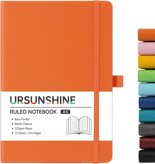 URSUNSHINE Ruled Notebook/Journal - Classic Lined Journal/Notebook, Hardcover with Thick Paper, 5.7" x 8.4", Banded + Pen Holder +Inner Pocket - Orange