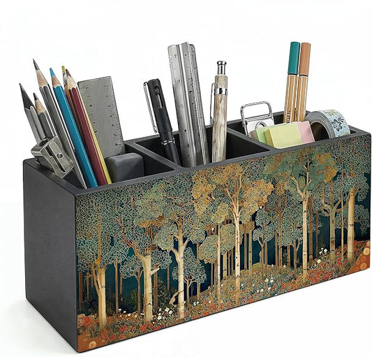Rustic Forest William Morris Inspired Wooden Pencil Pen Holder for Desk Organizers and Accessories, Farmhouse Nature Forest Botanical Makeup Brush Holder Organizer for Bathroom Vanity