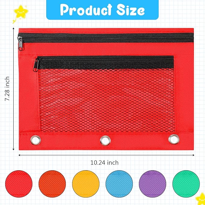 Zhehao 300-Count Mesh Pencil Pouch for 3 Ring Binder with Zipper and Double Pocket, Bright Color, School Supplies