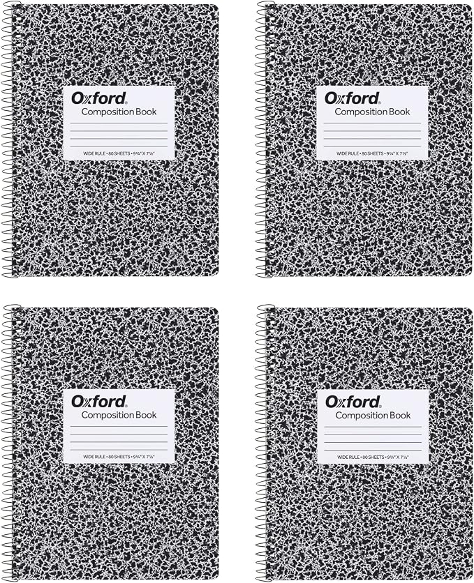 Oxford Spiral Composition Notebooks, 4 Pack, Wide Ruled Paper, 9-3/4 x 7-1/2 Inches, 80 Sheets, Black Marble Cover (64950)