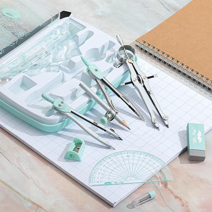 Mr. Pen- Geometry Set, 13 pcs, 3 Metal Compasses, Protractor, 6" Ruler | 45° & 30°/60° Set Squares, Pencils, Lead Refills, Sharpener & Eraser for Math, Drafting & Classroom Use | 45° & 30°/60° Set Squares, Pencils, Lead Refills, Sharpener & Eraser for ...