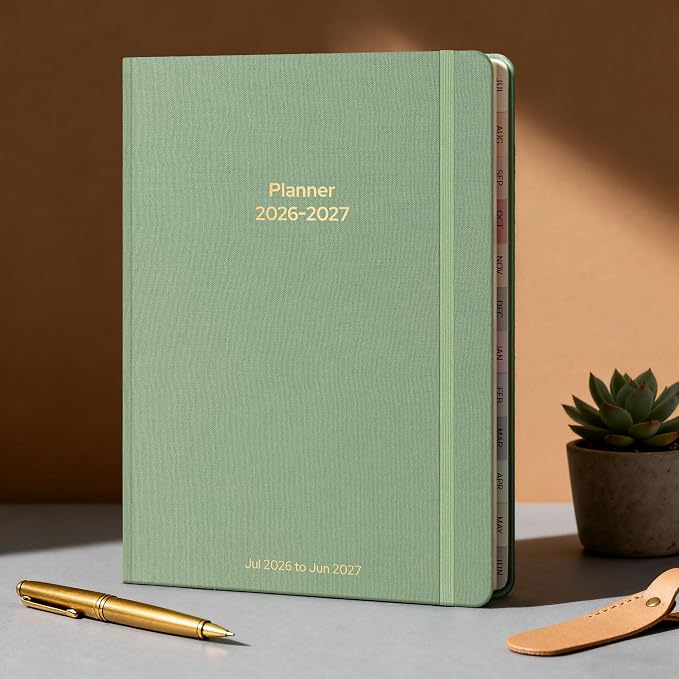 Planner 2026-2027 Monthly and Weekly Academic Planner July 2026 - June 2027, Linen Hardcover Agenda 2026-2027 Calendar Daily Planner for Student Teacher with Monthly Tabs, 7.3" x 10", Cream Green