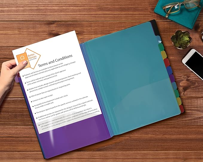 Better Office Products 24 Clear Pocket Expanding File Folder with 12 Colored Tabs, Letter Size, Holds 300 Sheets, Project File Organizer, Numbered Index on Cover,(1 Pack Black)