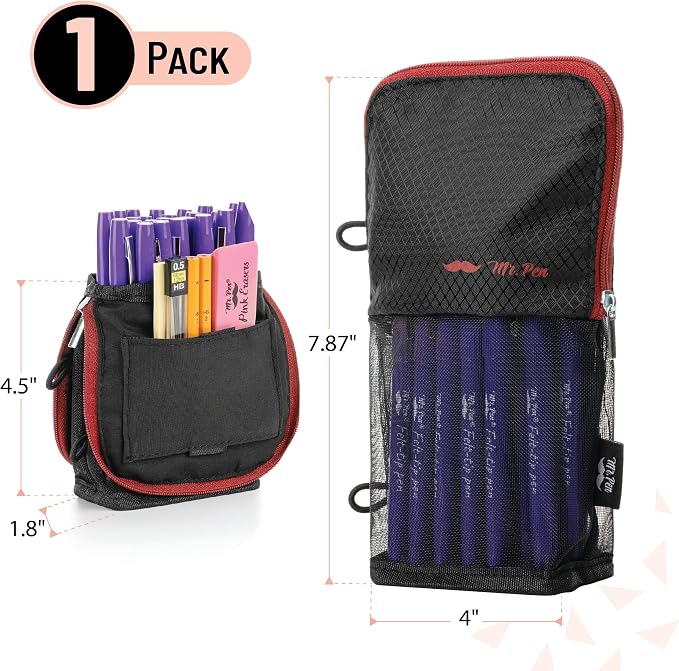Mr. Pen- Standing Pencil Case Pouch, Sit & Lay Mesh-View Design | Black with Red Zipper, Interior Pocket & 2 Elastic Binder Loops, Cute Pencil Case for Girls and Boys