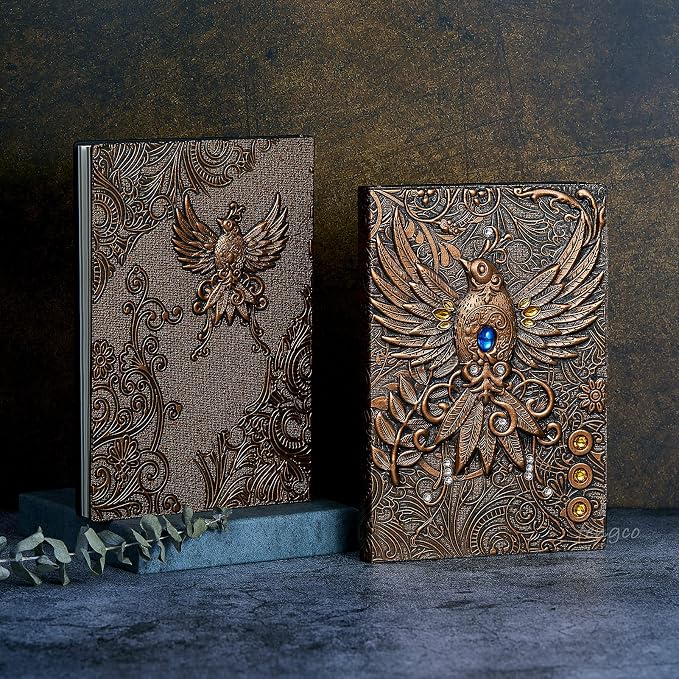 Vintage 3D Phoenix Embossed Leather Writing Journal with Golden Pen Set,A5,200Pages,Antique Handmade Daily Notepad Sketchbook,Travel Diary&Notebook to Write in,for Women Men (Red Bronze)