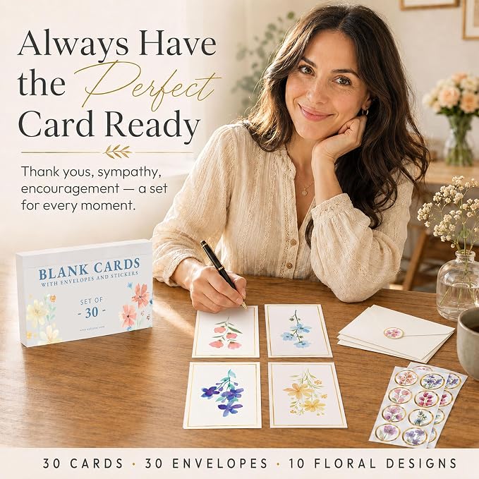 30 Premium Blank Cards with Envelopes & Stickers, 4x6 Inches | Elegant Floral Designs, Versatile and Blank Inside, Organized and Gift-Ready, Perfect for Any Occasion
